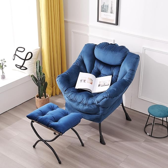 LITA Lazy Chair with Ottoman, Modern Accent Leisure Upholstered Sofa Chair, Contemporary Lounge Reading Chair with Armrests and a Side Pocket for Living Room, Bedroom & Small Space, Royal Blue