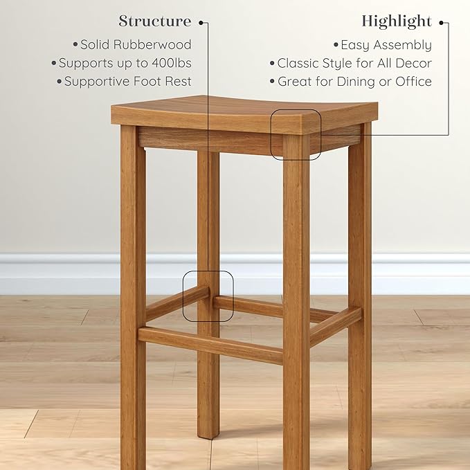 Grain & Grove Smith Collection Solid Wood Bar Stool, 30 inch Saddle-Seat Bar Chair, Backless, Heavy-Duty Construction, Footrest Support, Ideal for Kitchen Islands, Home Bars, and Counters, Pecan