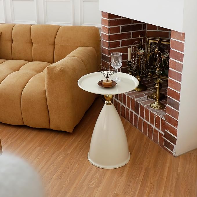 Small Round Side Table for Small Spaces, White Pedestal Modern Couch End Tables for Living Room, Unique Accent Sofa Drink Table Metal Martini Tables for Recliner, Bedroom