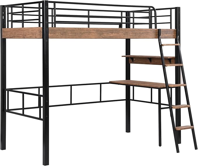 Metal Twin Size Loft Bed with Built-in Desk,Storage Shelf and Ladder,Full-Length Guardrails and Secured Metal Slats, High LoftBed W/Large Storage Space for Kids Teens Adults Bedroom,Black
