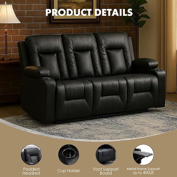 LUCKLIFE Leather Recliner Sofa Set with Manual Recliners,Living Room Furniture Set with Reclining Couch,Loveseat and Armchair,Living Room Chair with Cup Holders,Black (3+2)