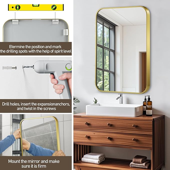 Matte Gold Mirror, 30x36 Inch Brushed Gold Mirror, Aluminum Alloy Framed Vanity Mirror, Rounded Rectangle Bathroom Mirror for Over Sink, Anti-Rust Wall Mirror (Horizontally or Vertically)