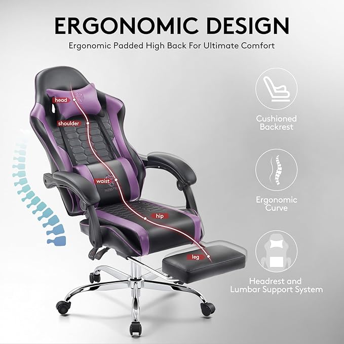 Gaming Chair,Computer Office Chair with Footrest,Massage Lumbar Support and Gel Pad,Ergonomic Reclining Adjustable Leather Gamer Chair with Headrest and Spring Cushion Purple