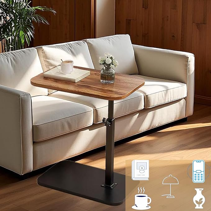 C End Table Adjustable Height,C Shaped Side Tables Living Room and Bedroom for Sofa, Chair,Bed,Coffee Small Spaces Side Table (Walnut Brown)