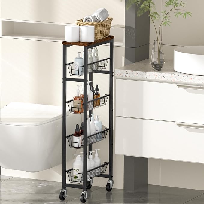 Honest Slim Storage Cart 5-Tier Slim Rolling Cart with Metal Frame and Wooden Top, 6.3 Inches, for Kitchen, Dining Room, Living Room, Bathroom, Home Office, Rustic Brown and Black