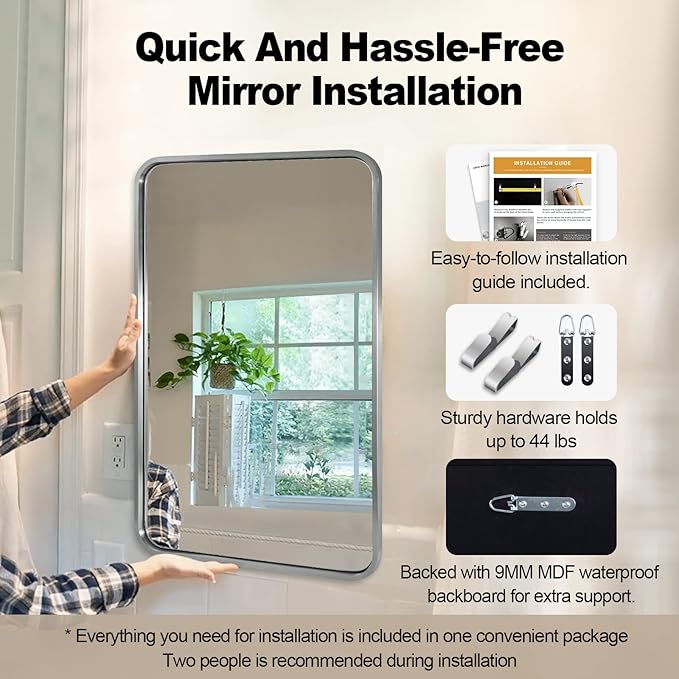 ANDY STAR 22x30'' Brushed Nickel Bathroom Mirror, Rounded Rectangle Brushed Silver Mirror for Bathroom Vanity SUS304 Metal Tube Framed(Rustproof) 1’’ Deep Wall Mounted Vertically/Horizontally