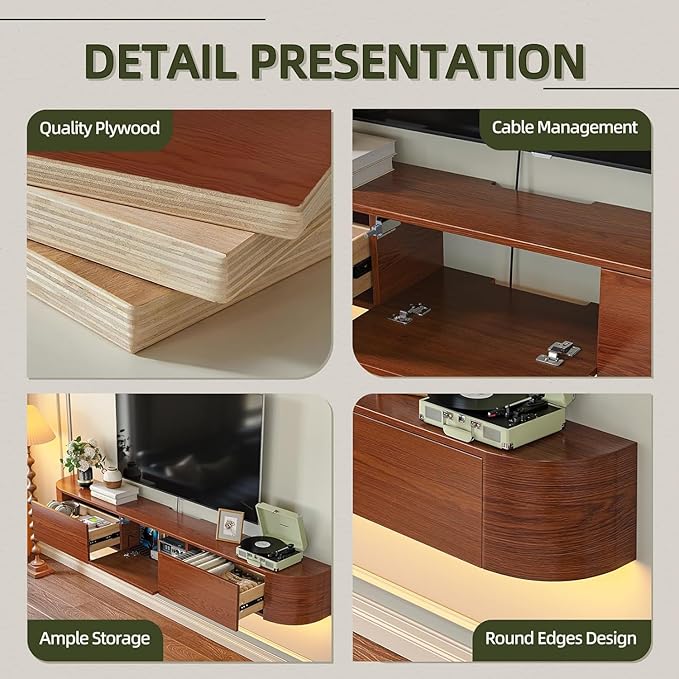 Fully Assembled Floating TV Stand with Drawers, 70IN Vintage Wall Mounted Entertainment Center, Minimalist Large Storage Console Under TV, Solid Wood Media Shelf for Living Room, Bedroom