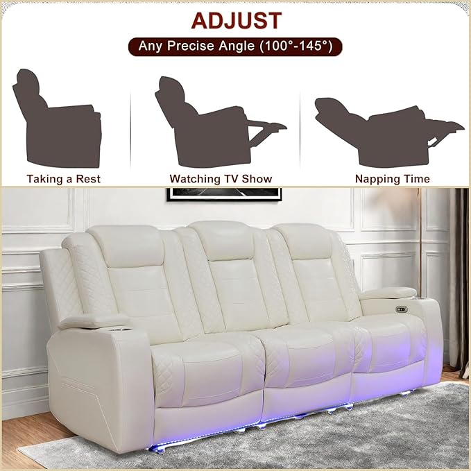 Leather Recliner Sofa Couch, 3-Seater Home Theater Seating Reclining Sofa, Power Reclining Couch with Cup Holders & Drop Down Table for Living Room Furniture Sets, White