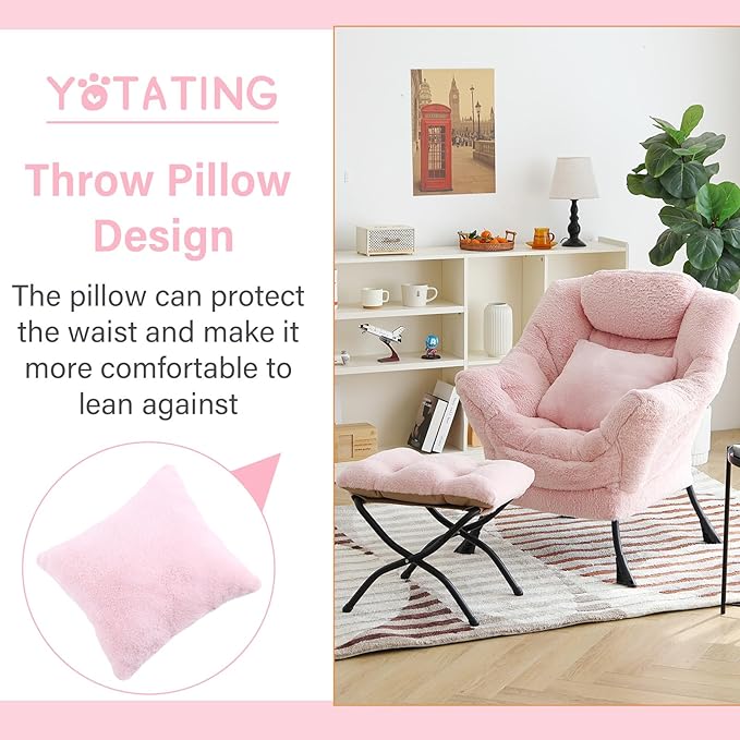Lazy Chair with Ottoman, Comfy Reading Lounge Chair with Footstool & Throw Pillow Modern with Armrests & Side Pocket for Living Room, Bedroom, Dorm Room, Plush Pink