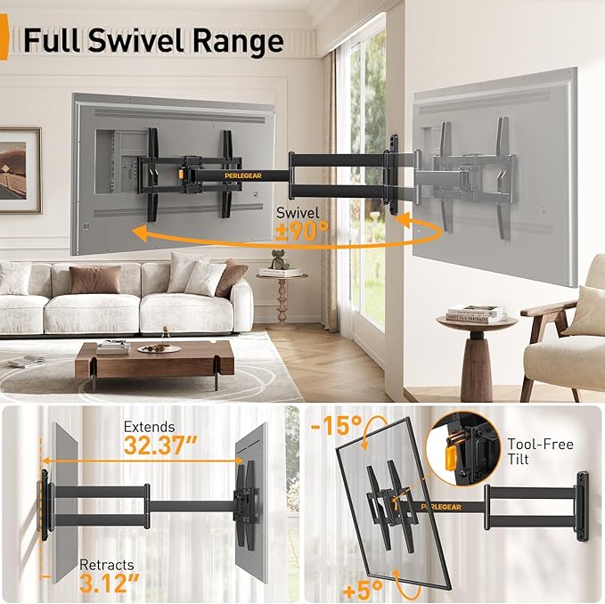 Perlegear Corner TV Wall Mount Long Arm TV Mount Bracket for 32-75 Inch TVs-Full Motion TV Wall Mount with 32.37” Extension & Swivel Articulating Arm & Tilt, MAX VESA 600x400mm, Holds up to 100 lbs