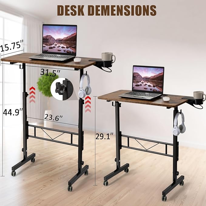 SIDUCAL Standing Desk Adjustable Height, Small Mobile Stand Up Desk with Wheels, Portable Computer Desk for Walking Pad, Rolling Table for Home Office Classroom, Rustic Brown