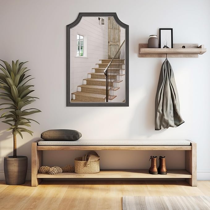 WallBeyond Scalloped Wood Mirror for Small Bathroom Vanity 20x30 Inch Rectangle Wall Mirror Decor for Hallway Bedroom Living Room Home (Black)