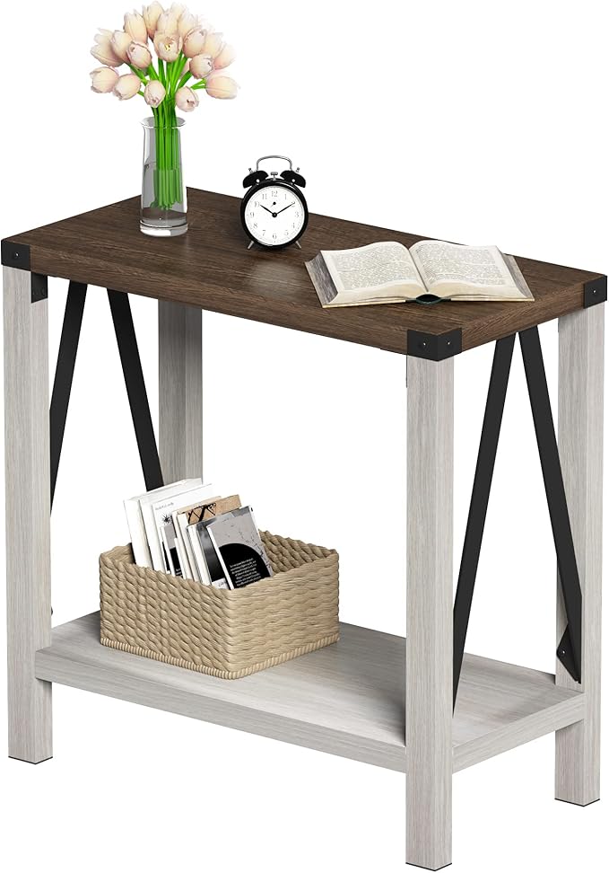 ChooChoo Farmhouse End Table for Small Spaces, Narrow Side End Table with Storage Shelf, Rustic A-Design Nightstand Sofa Table for Living Room, Bedroom (White & Brown)