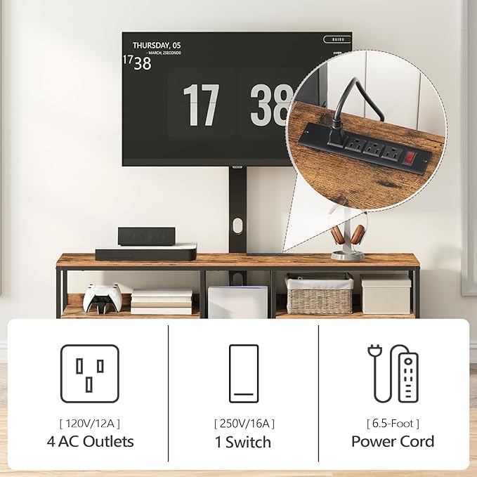 TV Stand with Mount for up to 75", Entertainment Center with Switch-Controlled Charging Station, Swivel TV Stand Mount with Fabric Drawers, for Living Room, Rustic Brown TVHR154E01N1