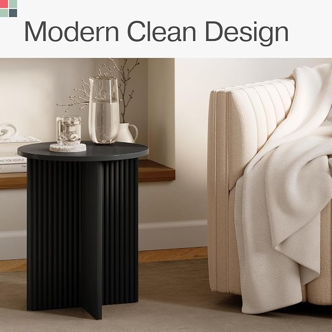 Fluted Round Side Table - 16-in Round Top, Blackened Oak & Solid Wood X-Base - End Table for Living Room & Nightstand - Pedestal Base