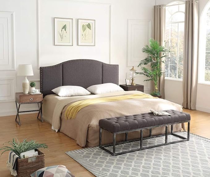 24KF Upholstered Tufted Long Bench with Metal Frame Leg, Linen Bench Ottoman with Padded Seat-Dark Gray