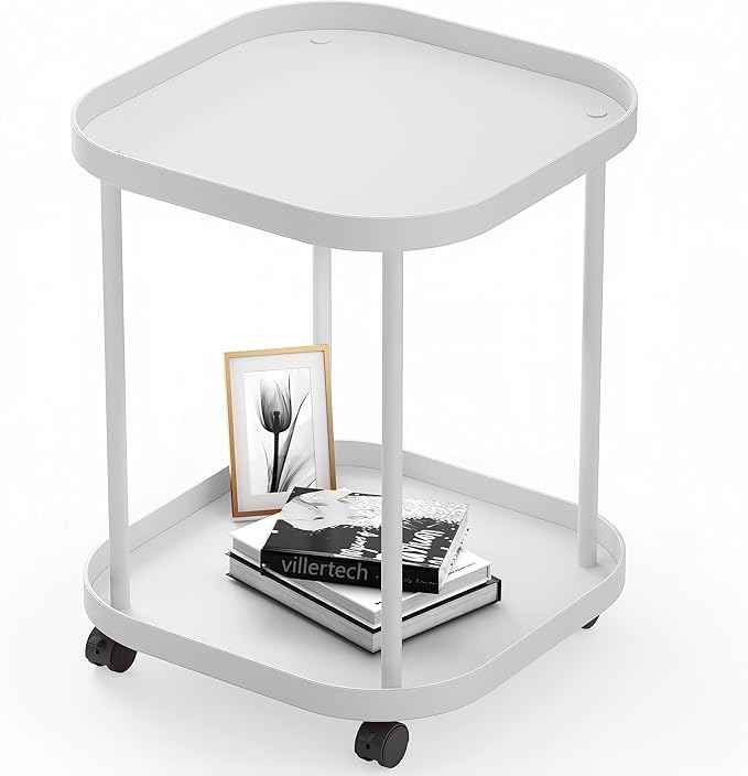 Side Table with Wheels, End Table Living Room Plastic Mobile Sofa Side Table Small Night Stand Bedroom Matte White