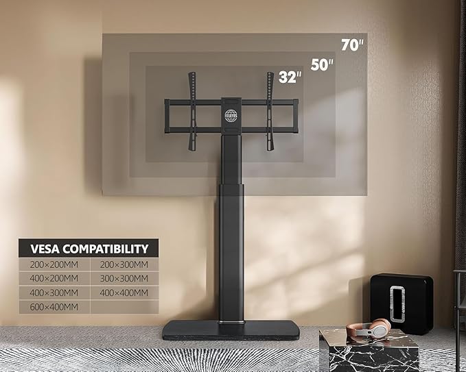 FITUEYES Floor TV Stand for Living Room, Bedroom, Tall Corner TV Stand Mount with Sturdy Wood Base for 32 to 70 Inch TVs, Swivel, Height Adjustable, Holds 40kgs, Black