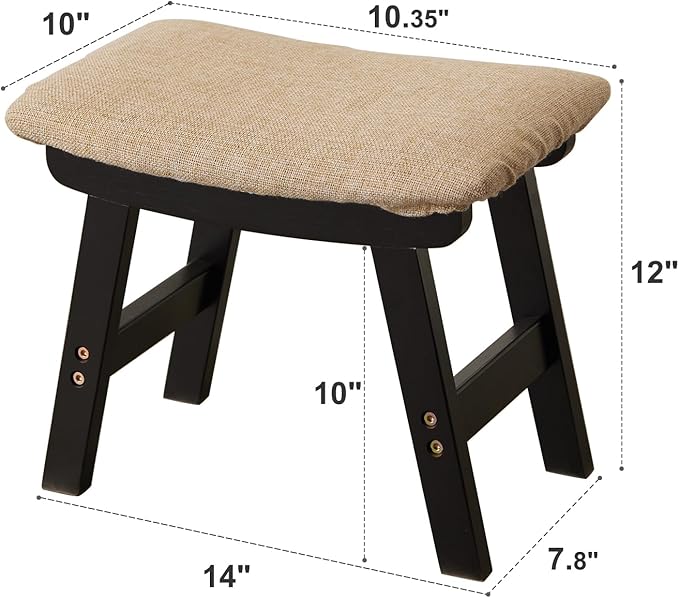 Foot Stool,Ottoman,Bamboo Small Sofa Foot Rest Under Desk,Extra Seating for Living Room, Bedroom and Kitchen (Black Stool Legs - Beige Surface)