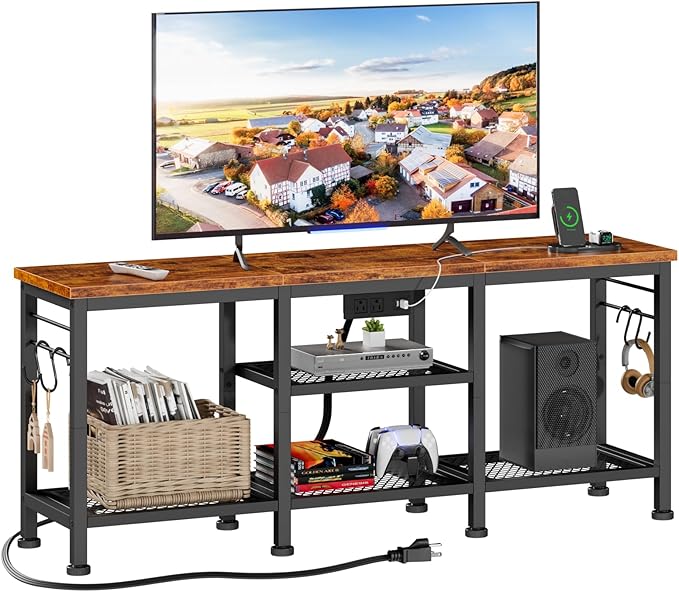 Furologee TV Stand with Power Outlets, Entertainment Center with Open Storage Shelves for TVs up to 55 Inch, Media Console Table with Soundbar Shelf for Living Room, Bedroom, Rustic Brown
