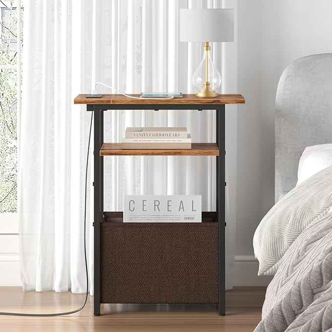 Narrow Side Table with Charging Station, Small End Table for Small Spaces, Skinny Nightstands with Storage Basket, 3 Tier Sofa Couch Bedside Tables for Living Room,Bedroom, Rustic Brown