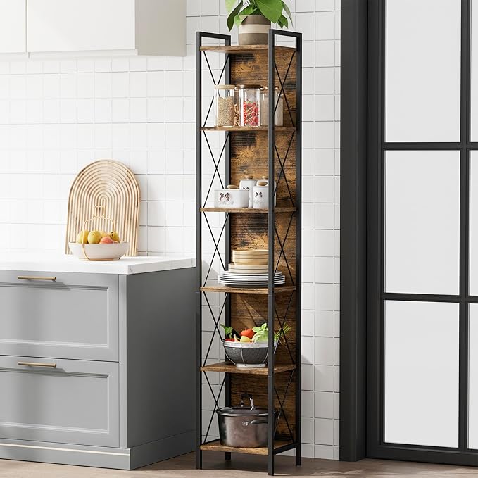 Homhedy 6 Tier Bookshelf Bookcase, Tall Narrow Bookshelf for Small Space, Metal Storage Shelves with Back Panel, for Home Office, Living Room, Kitchen, Bedroom, Industrial Style, Rustic Brown