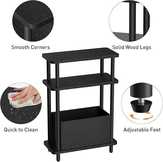 Narrow Side Table with Fabric Basket, 7" Wide, 3 Tier Skinny End Table with Wood Legs, Slim Nightstand/Bedside Table for Small Spaces, with Adjustable Feet, 15.7" L x 23" H
