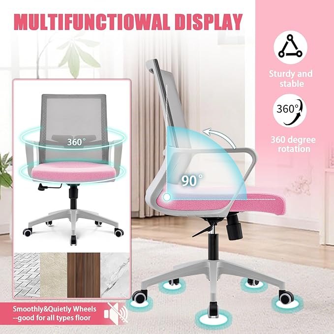 Office Chair ergonomically Designed with Breathable mesh backrest and Lumbar Support Adjustable Height Suitable for Offices Homes bedrooms Study Rooms Pink