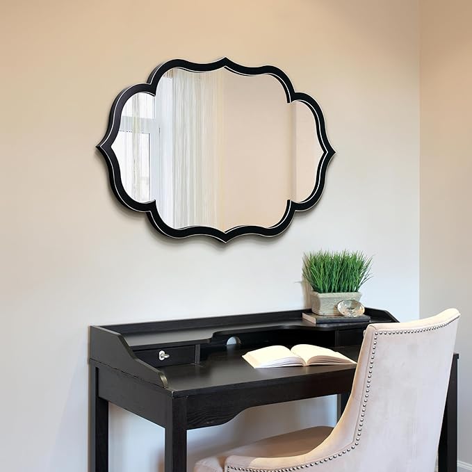 Empire Art Direct Curved Scalloped Wall Mirror on Black Matte Frame with Washed White Edges, Living Room, Bedroom & Office, 24" x 40" x 1"