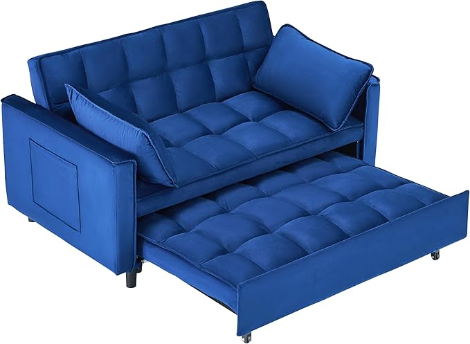 Ball & Cast 55" Convertible Sofa Bed,3 in 1 Sleeper Sofa W/Pull-Out Bed,Convertible Pull Out Couch W/2 Pillows,Adjustable Backrest & Side Pocket,Velvet Futon Couches for Living Room,Apartment,Blue