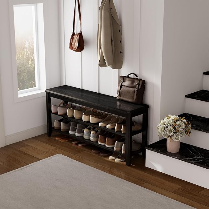 Wood Shoe Rack Bench for Entryway, 2 Tier Shoe Rack for Front Door Entrance, Shoe Bench with Shoe Storage for Entryway, Bedroom, 47.2"