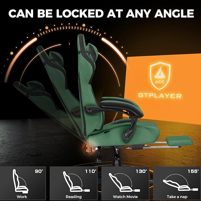 GTPLAYER Gaming Chair Fabric with Footrest, Big and Tall Game Chair High Back Computer Office Chair with Lumbar Support for Adults, Ergonomic Swivel Games Chair with Cushion Gaming Green