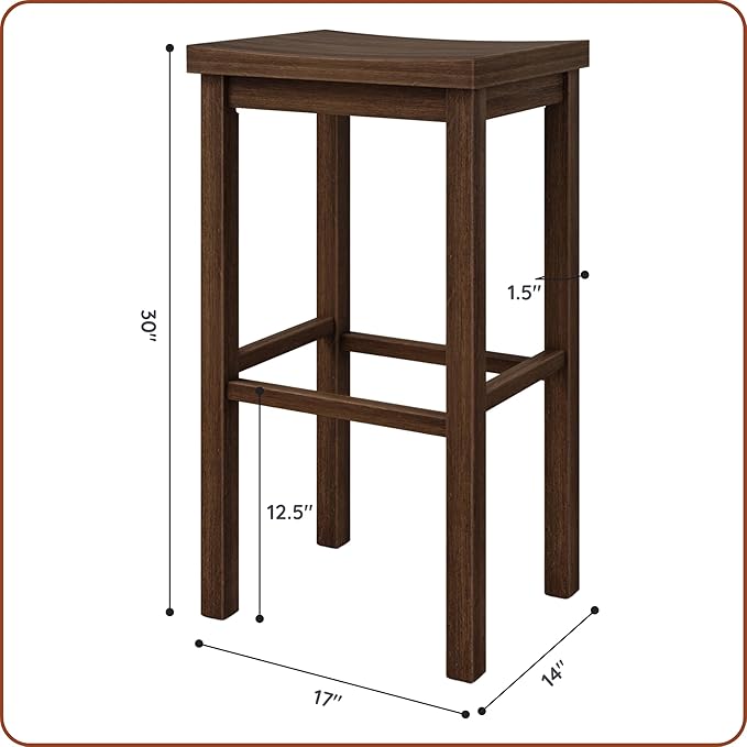 Grain & Grove Smith Collection Set of 2 Solid Wood Bar Stools, 30 inch Saddle-Seat Bar Chairs, Backless, Heavy-Duty Construction, Footrest Support, for Kitchen Islands, Home Bars, and Counters, Walnut