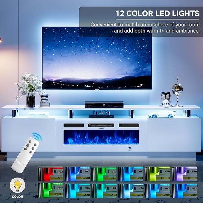 80" Entertainment Center & TV Stand, Modern Media Console with Storage Cabinet, Fits TVs up to 90", Living Room Furniture, 36" Electric Fireplace (All White)