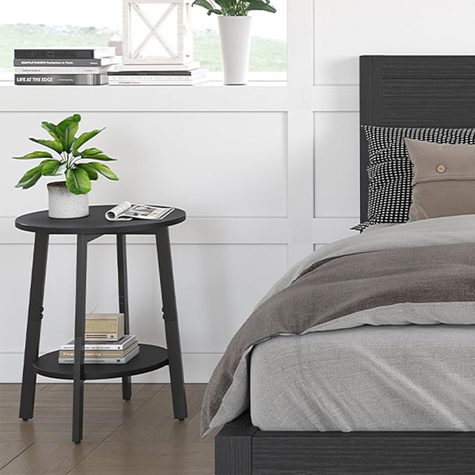 Side Table, Small Round End Table with Storage Shelf for Small Space, 2-Tier Black Bedside Table Sofa Couch Table, Round Accent Table Nighstands for Living Room, Bedroom, Black