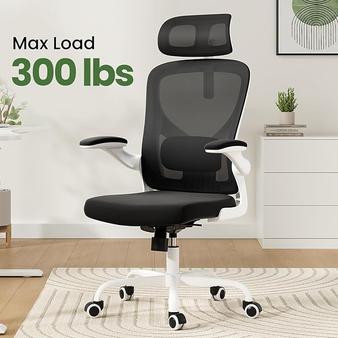 Ergonomic Office Chair, Comfy Home Office Chair High Back Computer Chair with Headrest, Adjustable Back Support, Flip-Up Arms, 90-120° Tilt and Wide Cushion, Up to 300lbs, Black+White