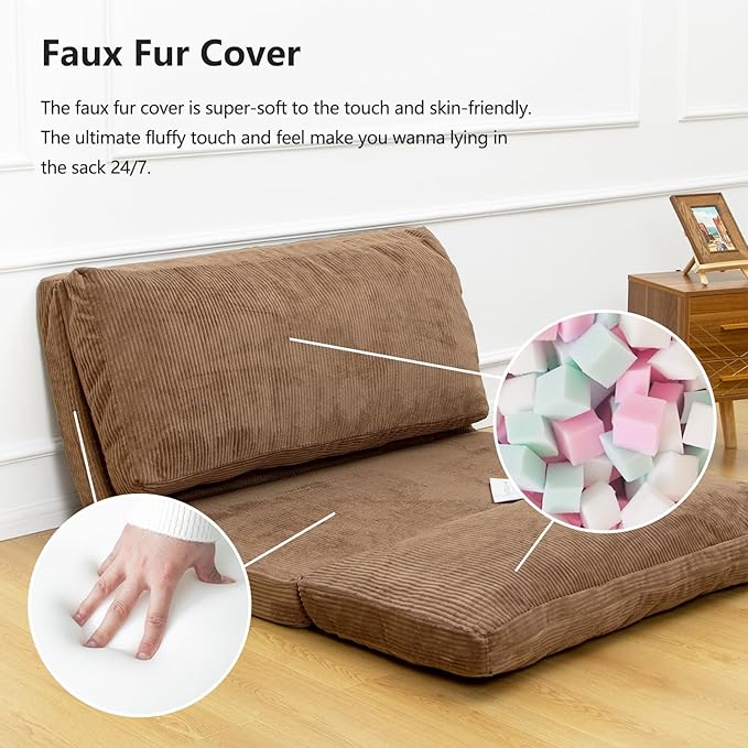 N&V Folding Matress Sofa Bean Bag Bed, Foam Filling Folding Matress Sofa, Includes Removable and Machine Washable Cover, Soft Premium Corduroy (Medium, Brown Suagr)