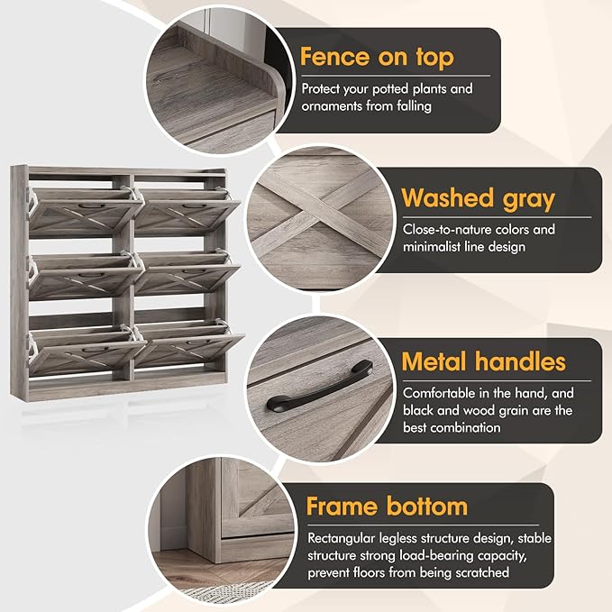 Maupvit Large Shoe Storage Cabinet with 6 Flip Drawers, Freestanding Shoe Organizer with Metal Handles for Entryway, Narrow Shoe Rack Cabinet, Washed Gray