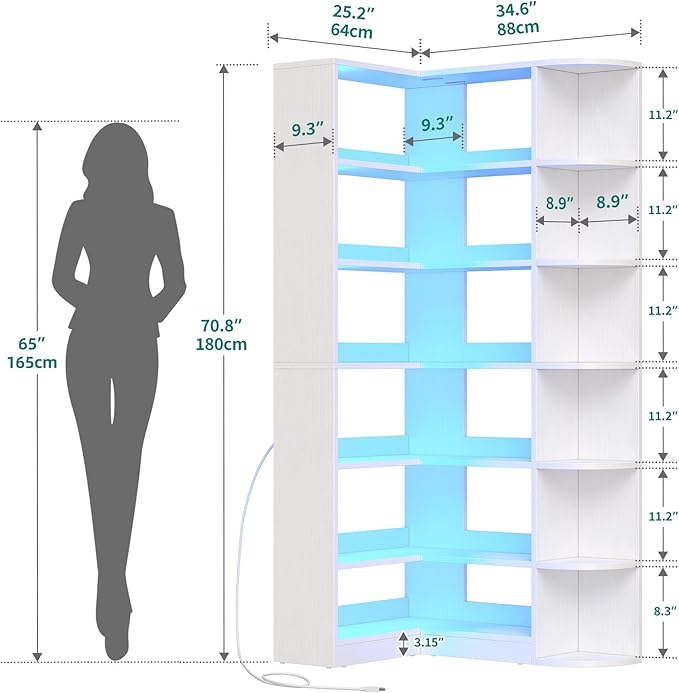 YITAHOME Corner Bookshelf with LED Light, 6 Tier Corner Shelf White Bookshelf L-Shaped Bookcase Storage Display Shelf for Home Office, Living Room, White