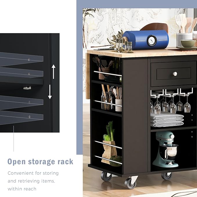 Merax Rubber Wood Kitchen Island with Adjustable Storage, Rolling Kitchen Storage Cart with Drop Leaf, Open Storage, Wine Rack, 5 Wheels for Home, Kitchen, Dining Room, Black