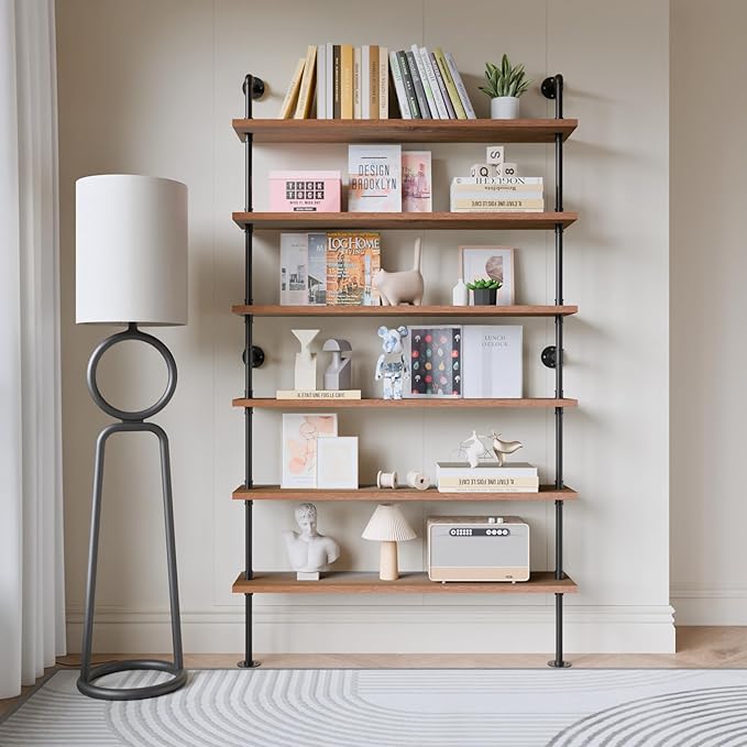 6 Tier Industrial Ladder Shelf Bookcase, Wall Mounted Rustic Bookshelf for Living Room Decor and Storage (Walnut Color, 6 Tier - 10" D x 48" W x 82.5" H)