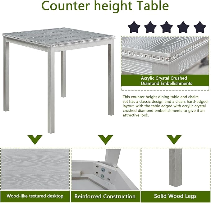 KEIKI 5-Piece Counter Height Dining Table Set with Square Table and 4 Upholstered Chair, for 4 Person, Classic Crystal Decoration Wooden Table Set, Easy Assembly, for Kitchen, Dining Room, Silver Grey