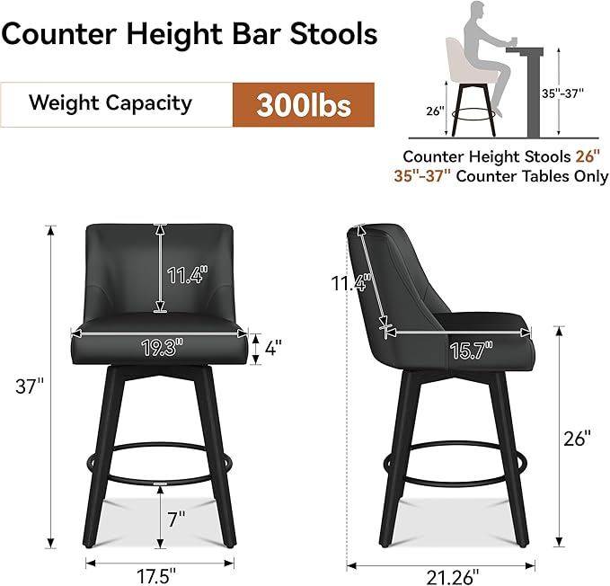 Counter Height Bar Stools Set of 8, Modern Swivel Barstools with Back and Wood Legs, Faux Leather Upholstered Bar Chairs, 26" H Kitchen Counter Stools, Kitchen Island Home Bar, Black Grey