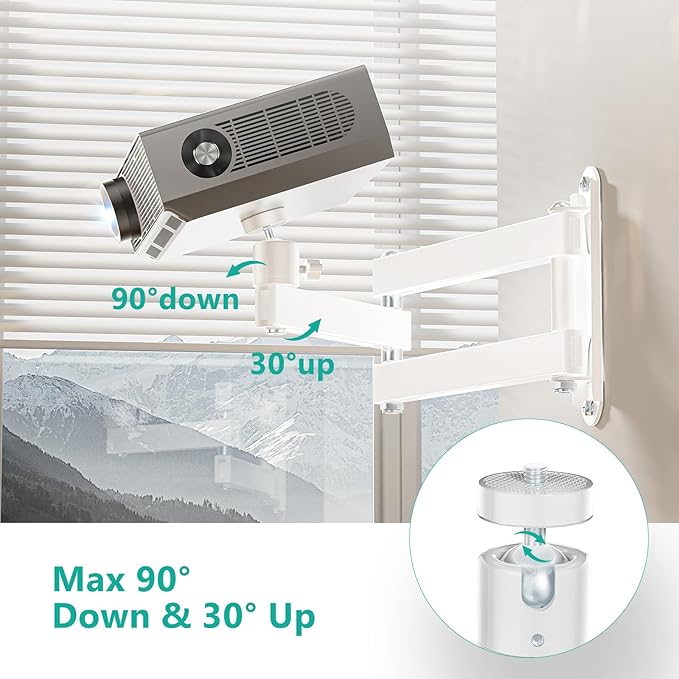 WALI Foldable Projector Wall Mount Universal Adjustable Wall Projector Mount Aluminum Alloy Projectors Stand,1/4" M4 M6 Screw Size,(1330LM-PMW), White