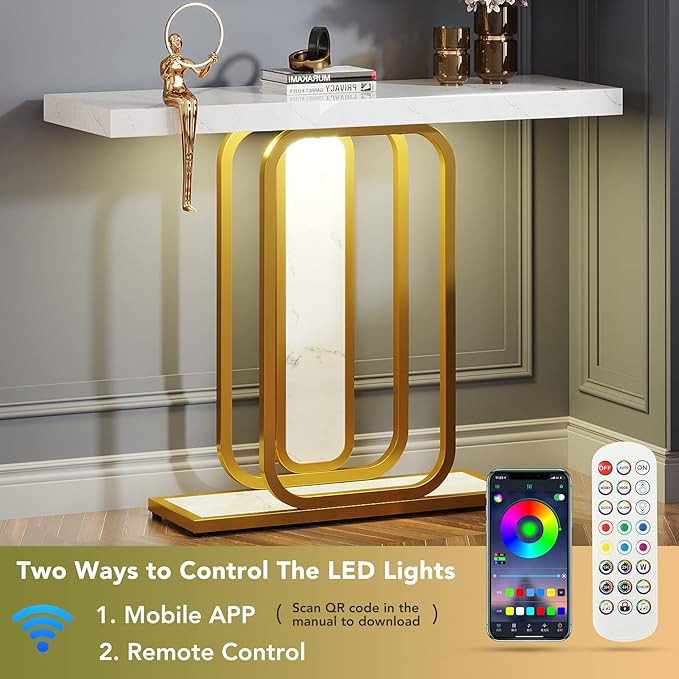 LITTLE TREE Modern Entryway Console Table with LED Lights, White and Gold