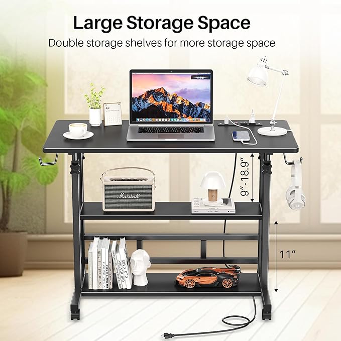 Adjustable Height Standing Desk with Power Outlets, Rolling Stand Up Desk with Storage Shelves, 31.5" Small Mobile Computer Desk, Portable Laptop Table (Black)