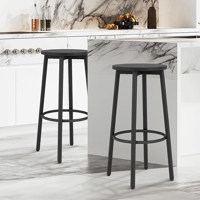 Athena Collection Bar Stools Set of 2, 25.5 Inches Round Counter Height Bar Stools Backless with Metal Legs and Footrest, Wood Barstools for Home, Kitchen Island, Counter, Black