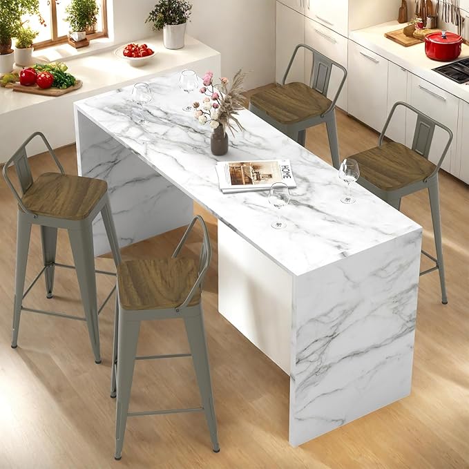 Rusty Bar Stools Set of 4, Metal Bar Stools with Wooden Seat, Modern 24”Counter Height Barstools with Low Back