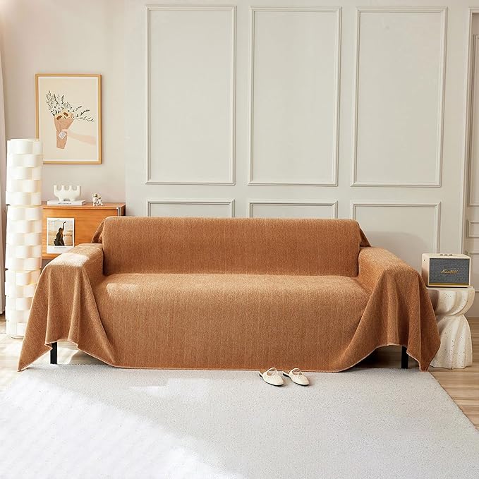 STACYPIK Dark Orange Sofa Cover for Dog Soft Chenille Couch Cover Boho Furniture Protector for 3 Cushion Couch Lovetseat Futon Cover Pumpkin Couch Cover Pet-Friendly Multi-Use Sofa Slipcover-91X118IN