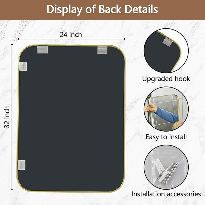 24x32 Inch Gold Mirror, Framed Rectangle Mirror with Rounded Corner, Brushed Brass Mirror, Gold Bathroom Mirror for Over Sink, Vanity, Living Room, Bedroom, Horizontal/Vertical